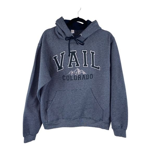 Vail Colorado Navy/Gray pin striped Hoodie Sweatshirt Sz M - Picture 1 of 10